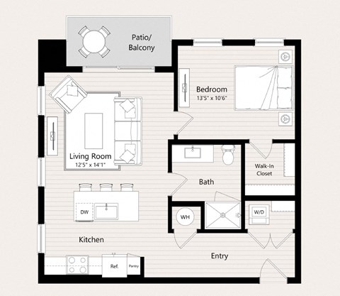 Floor plan for 1 bed, 1 bath, 755 sqft